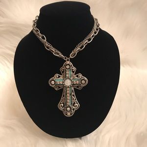 Silver & turquoise cross necklace choker set